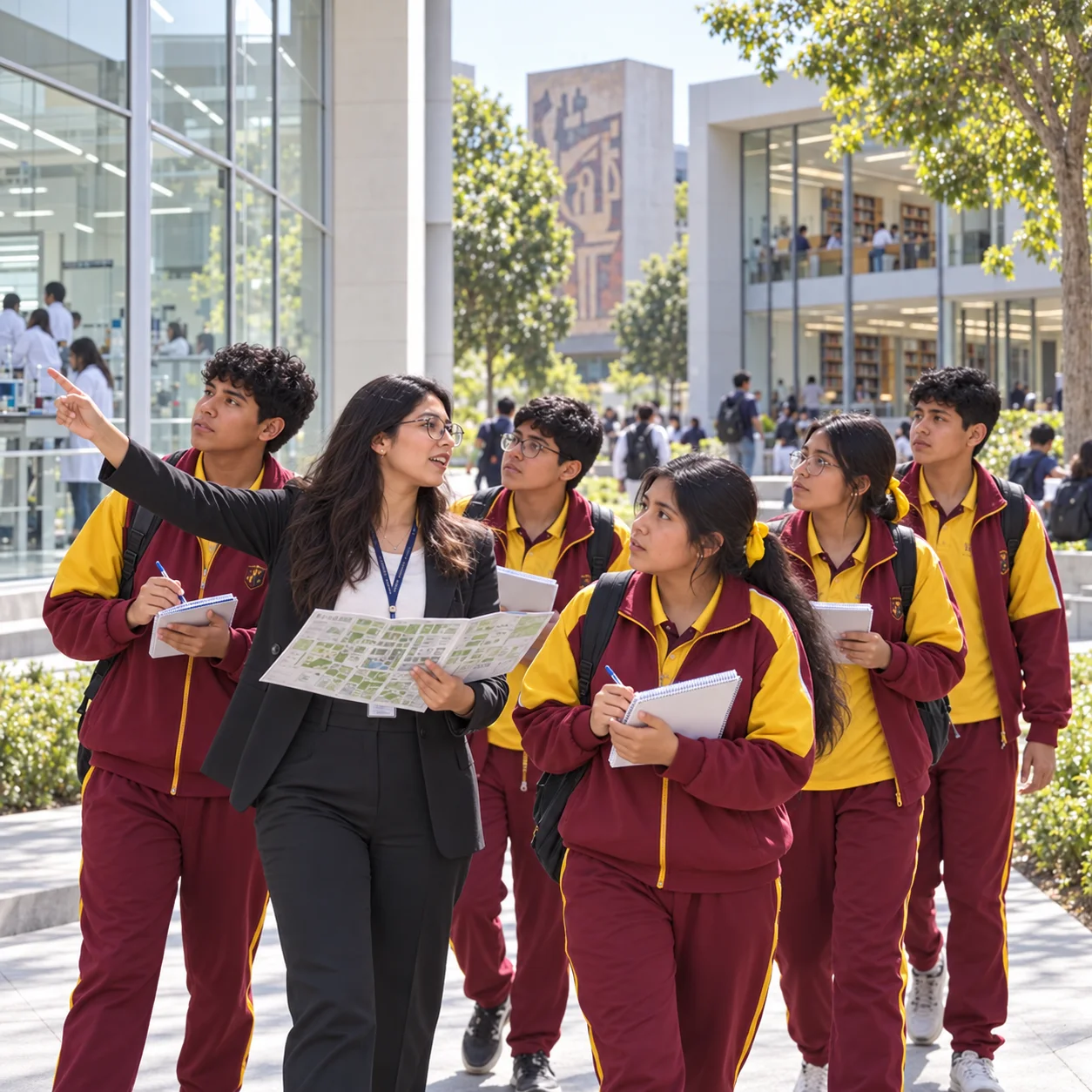 Estudiantes de Secundaria visitando un campus universitario con el uniforme del colegio