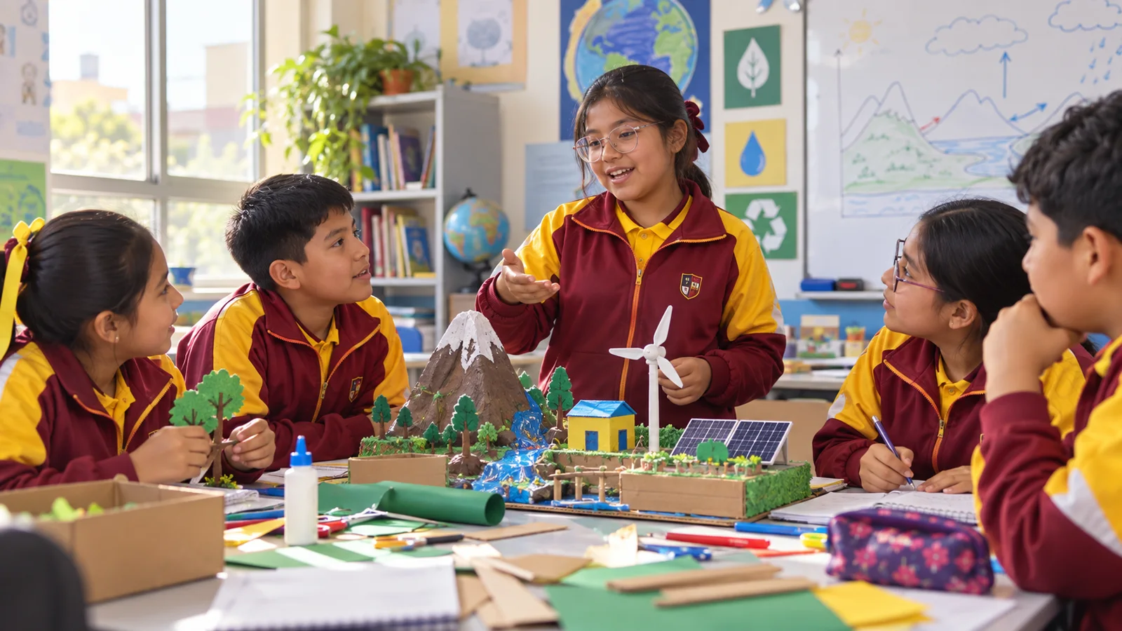 Estudiantes de Primaria creando y presentando un proyecto en equipo