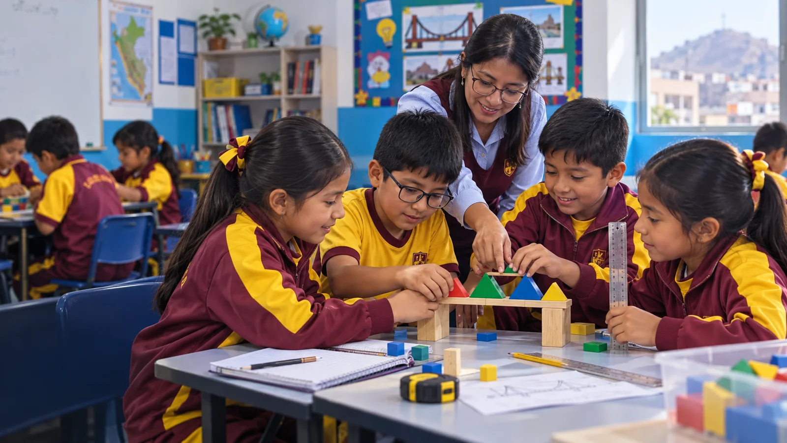 Estudiantes de Primaria construyendo y midiendo un proyecto en equipo