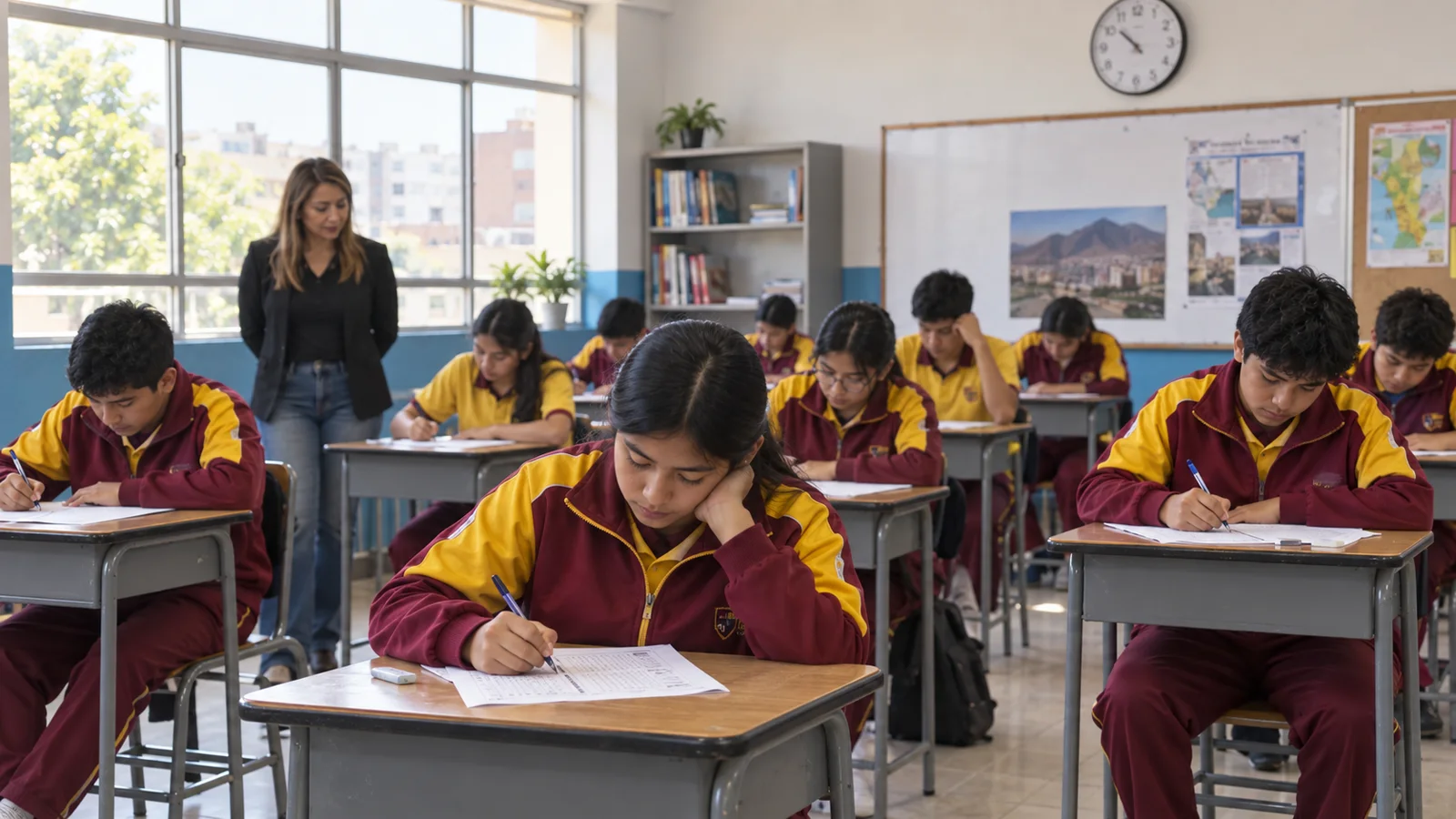 Estudiantes de Secundaria del Colegio San Idelfonso rindiendo un simulacro preuniversitario
